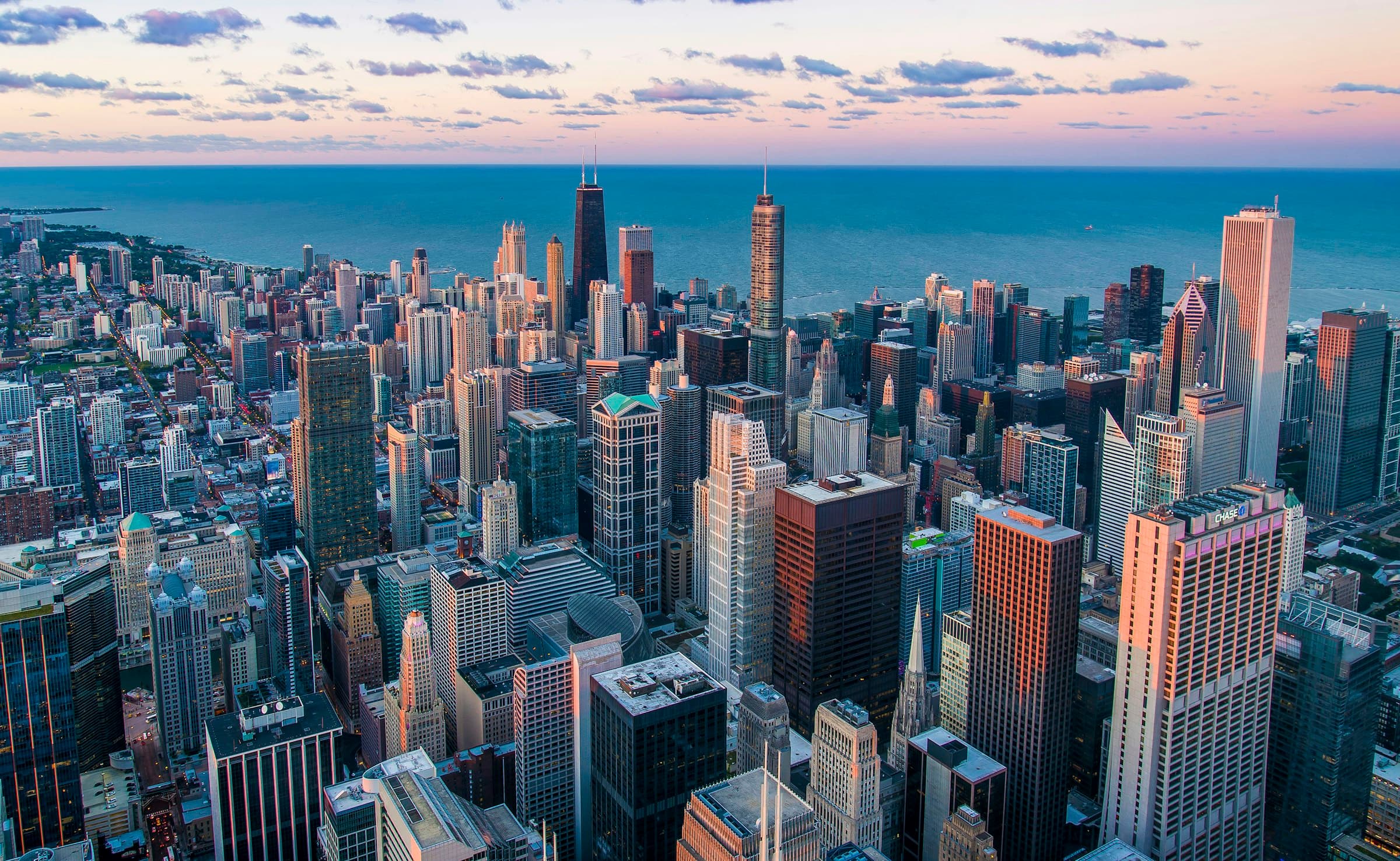 City skyline at dusk